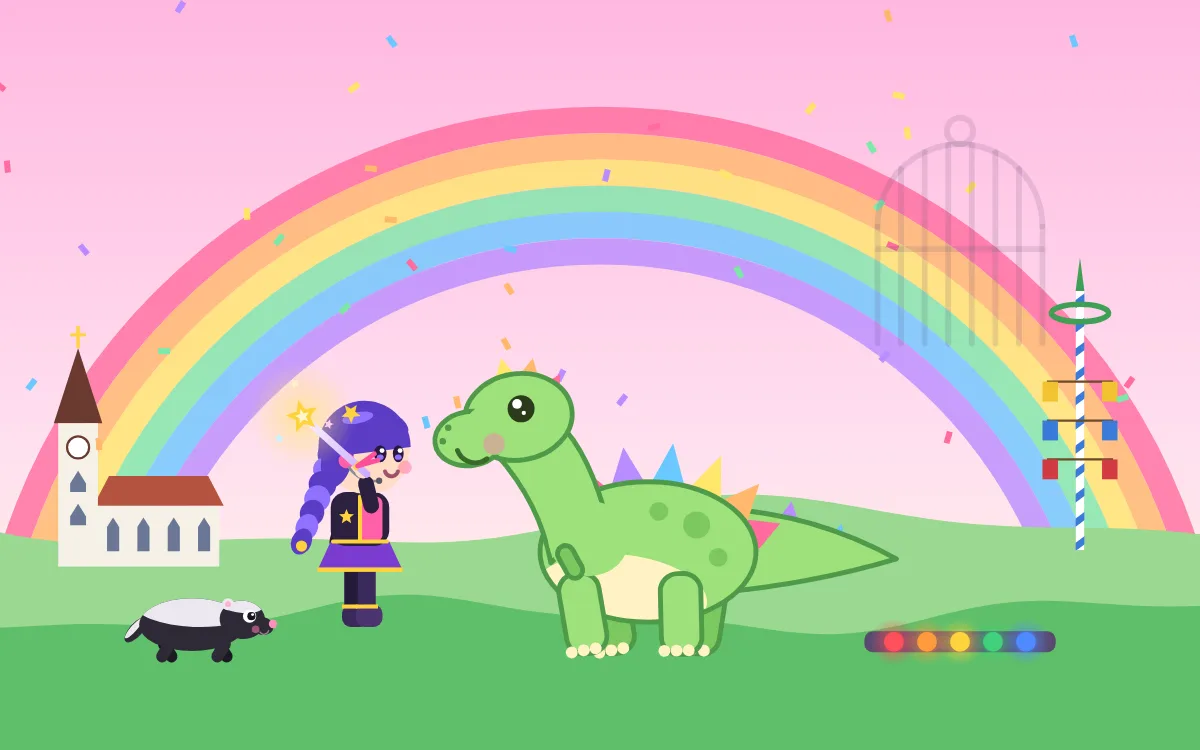 Spielszene aus mapumi: Die Heldin feiert unter einem Regenbogen mit ihrem befreiten Dino.