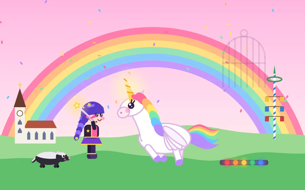 Spielszene aus mapumi: Die Heldin feiert unter einem Regenbogen mit ihrem befreiten Einhorn.