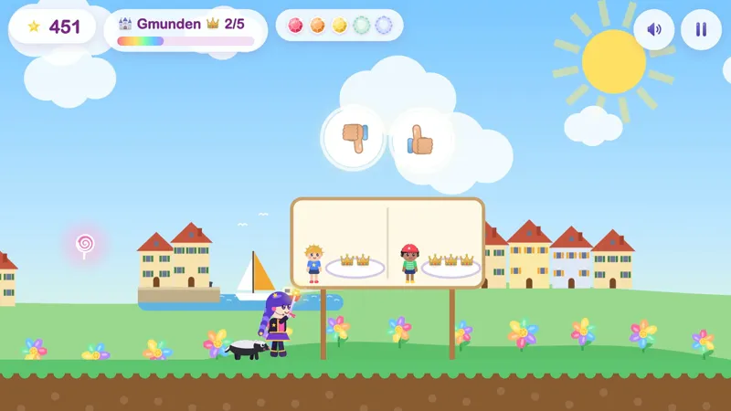 Spielszene: Auf einer Tafel bekommen zwei Kinder Kronen, eins hat mehr. Darüber ein Daumen hoch und ein Daumen runter.